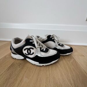 CHANEL Black and White Quilted Logo Sneakers
